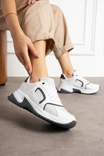 Beyaz Gri Rahat Kalıp Kadın Sneaker - Resim 2