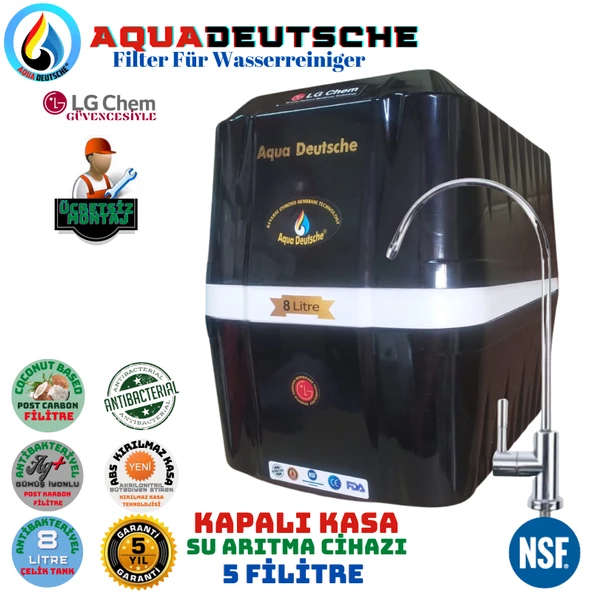 AQUA DEUTSCHE PREMIUM SİYAH BEYAZ MONTAJ DAHİL 8 LİTRE 5 FİLTRE 10 AŞAMA SU ARITMA CİHAZI ürün görseli 1