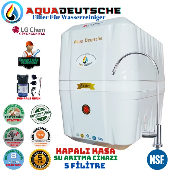 AQUA DEUTSCHE PREMIUM BEYAZ POMPALI MONTAJ DAHİL 8 LİTRE 5 FİLTRE 10 AŞAMA SU ARITMA CİHAZI ürün görseli 1