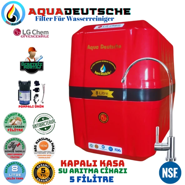 AQUA DEUTSCHE PREMIUM KIRMIZI POMPALI MONTAJ DAHİL 8 LİTRE 5 FİLTRE 10 AŞAMA SU ARITMA CİHAZI ürün görseli 1