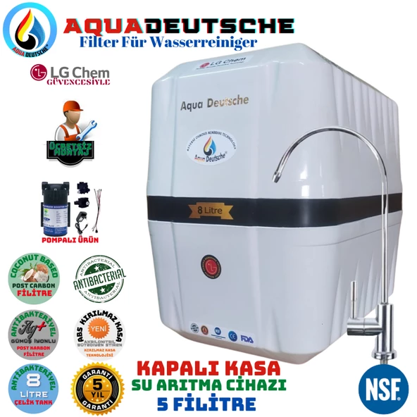 AQUA DEUTSCHE PREMIUM BEYAZ SİYAH POMPALI MONTAJ DAHİL 8 LİTRE 5 FİLTRE 10 AŞAMA SU ARITMA CİHAZI ürün görseli 1