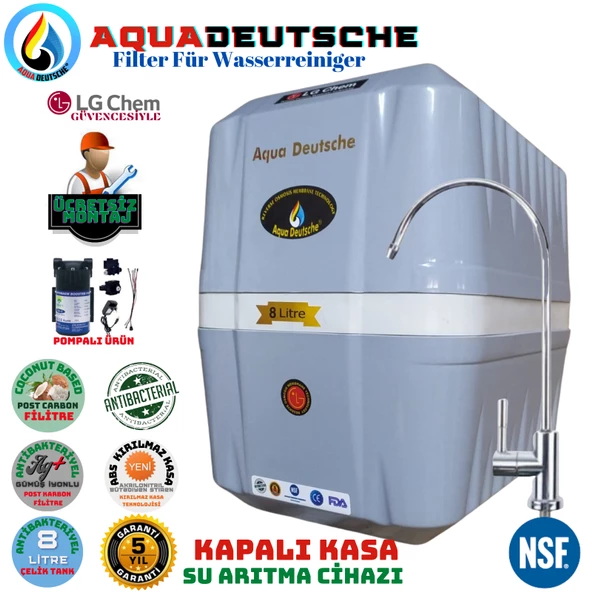 AQUA DEUTSCHE PREMIUM GRİ BEYAZ POMPALI MONTAJ DAHİL 8 LİTRE 5 FİLTRE 10 AŞAMA SU ARITMA CİHAZI ürün görseli 1