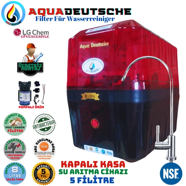 AQUA DEUTSCHE PREMIUM KIRIMIZI-SİYAH POMPALI MONTAJ DAHİL 8 LİTRE 5 FİLTRE 10 AŞAMA SU ARITMA CİHAZI ürün görseli 1