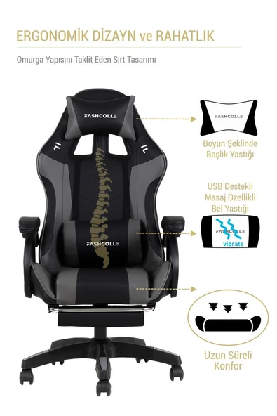 Fashcolle Dynamic Grey Masajlı Oyuncu Koltuğu - Resim 7