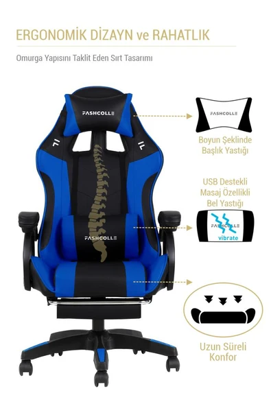 Fashcolle Dynamic Blue Masajlı Oyuncu Koltuğu - Resim 7