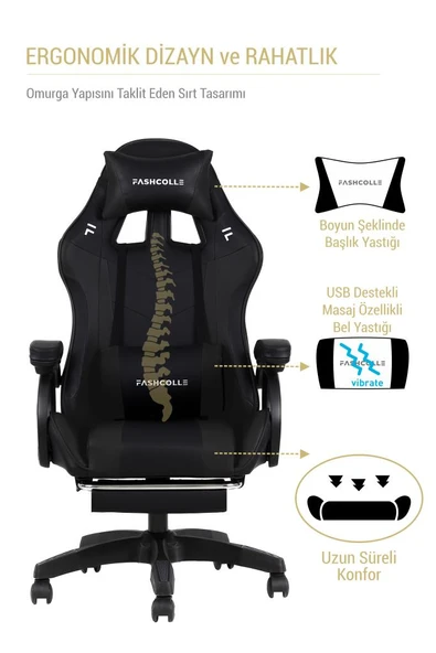 Fashcolle Dynamic Black Masajlı Oyuncu Koltuğu - Resim 7