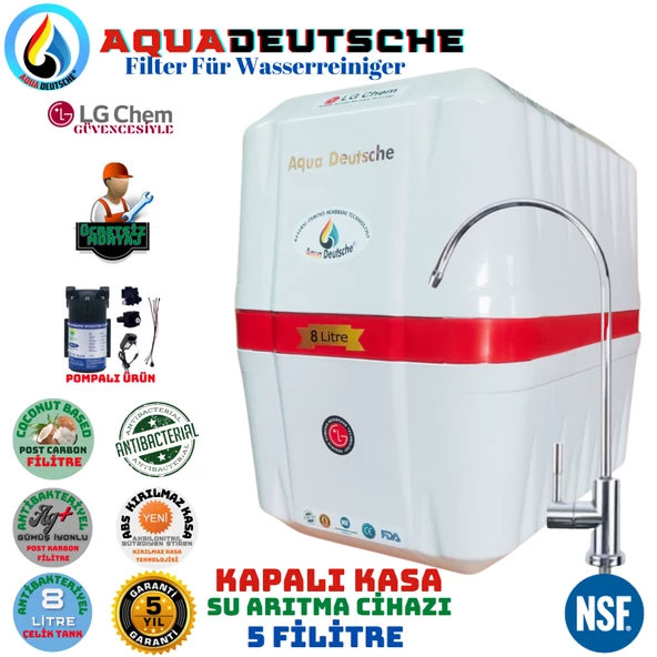 AQUA DEUTSCHE PREMIUM BEYAZ KIRMIZI POMPALI MONTAJ DAHİL 8 LİTRE 5 FİLTRE 10 AŞAMA SU ARITMA CİHAZI ürün görseli 1