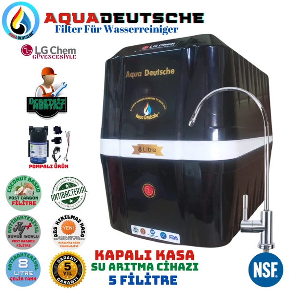 AQUA DEUTSCHE PREMIUM SİYAH BEYAZ POMPALI MONTAJ DAHİL 8 LİTRE 5 FİLTRE 10 AŞAMA SU ARITMA CİHAZI ürün görseli 1
