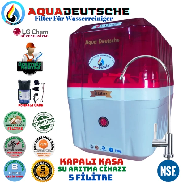 AQUA DEUTSCHE PREMIUM KIRMIZI-BEYAZ POMPALI MONTAJ DAHİL 8 LİTRE 5 FİLTRE 10 AŞAMA SU ARITMA CİHAZI ürün görseli 1
