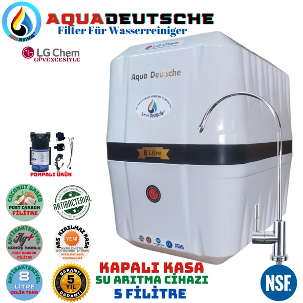 AQUA DEUTSCHE PREMIUM BEYAZ SİYAH POMPALI 8 LİTRE 5 FİLTRE 10 AŞAMA SU ARITMA CİHAZI ürün görseli 1