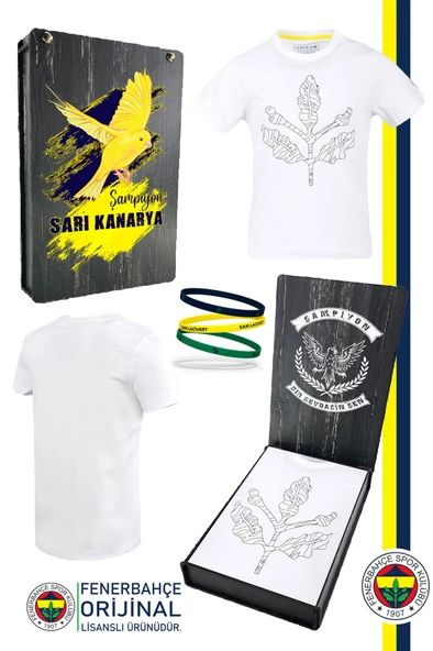 Fenerbahçe Orijinal Palamut Logo Sıfır Yaka Çocuk T-Shirt Spor Bileklik Hediyelik Set Ahşap Kutulu ürün görseli 1