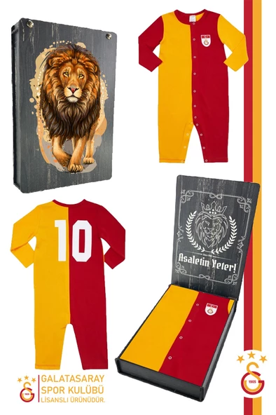 Galatasaray Orijinal Lisanslı Uzun Kol Bebek Tulum Aslan Baskılı Ahşap Kutulu ürün görseli 1