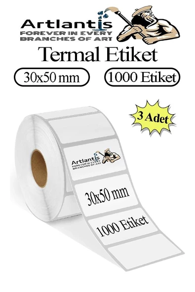 30X50 mm Barkod Etiketi Yapışkanlı 3 Adet Rulo Etiket Termal Barkot Terazi Etiketi 1000 li Barkod Yazıcılarına Uyumludur ürün görseli 1