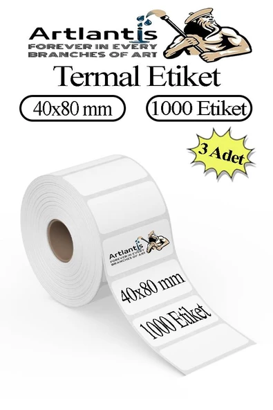 40x80 mm Barkod Etiketi Yapışkanlı 3 Adet Rulo Etiket Termal Barkot Terazi Etiketi 1000 li Barkod Yazıcılarına Uyumludur ürün görseli 1