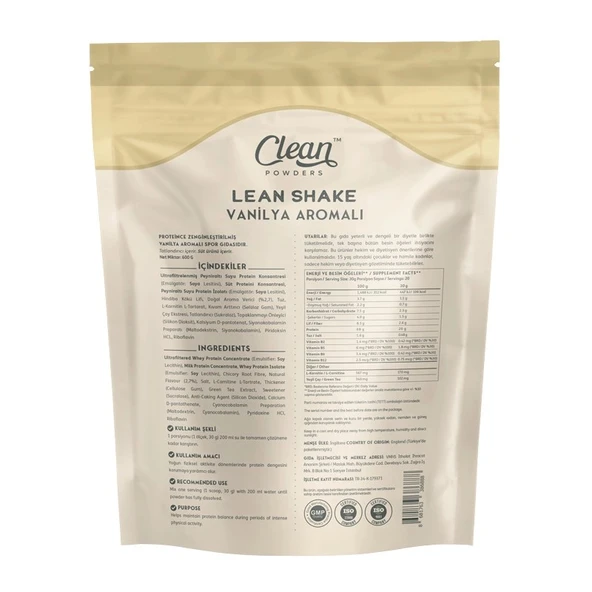 Clean Powders Lean Shake 600 Gr Vanilya - Resim 2