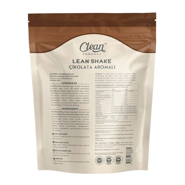 Clean Powders Lean Shake 600 Gr Çikolata - Resim 2