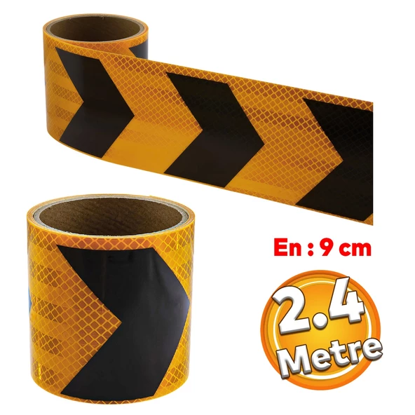 Yapışkanlı Sarı Siyah İşaretli Yönlendirme Reflektörlü Reflektif Şerit Bant 9 cm İkaz Bandı 2.4 Mt ürün görseli 1