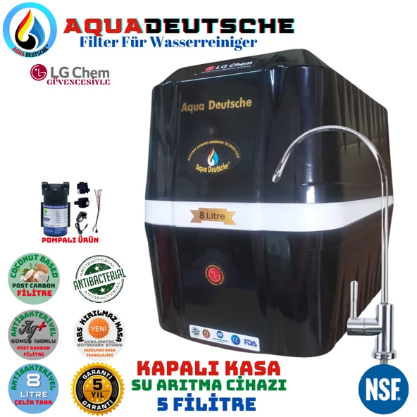 AQUA DEUTSCHE PREMIUM SİYAH BEYAZ POMPALI 8 LİTRE 5 FİLTRE 10 AŞAMA SU ARITMA CİHAZI ürün görseli 1