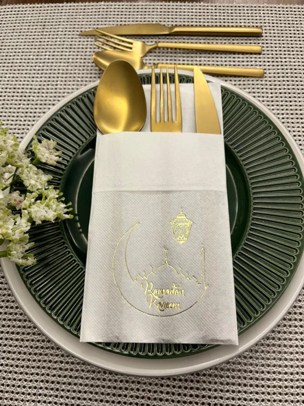Gold Yaldızlı Ramadan Kareem Yeni Ay Desenli 12 li Beyaz Renkli Kağıt Cepli Peçete ürün görseli 1