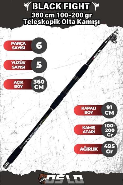 Oslo Black Fight 360 cm 100-200 gr Teleskopik Olta Kamışı ürün görseli 1