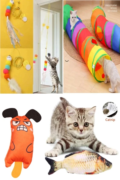Oyun Seti Kedi Tüneli 1 Ad Elastik Olta 1 Ad  Peluş Balık Sazan 1 Ad  Peluş Fare Turuncu 1 Ad ürün görseli 1
