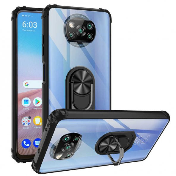 Xiaomi Poco X3 Kılıf Yüzüklü Standlı Manyetik Şeffaf Armor Zırh ürün görseli 1