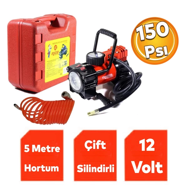 Metal Profesyonel Hava Kompresörü 150 Psı Çakmaklık Araba Çift Pistonlu Teker Lastik Top Şişirme 12v ürün görseli 1