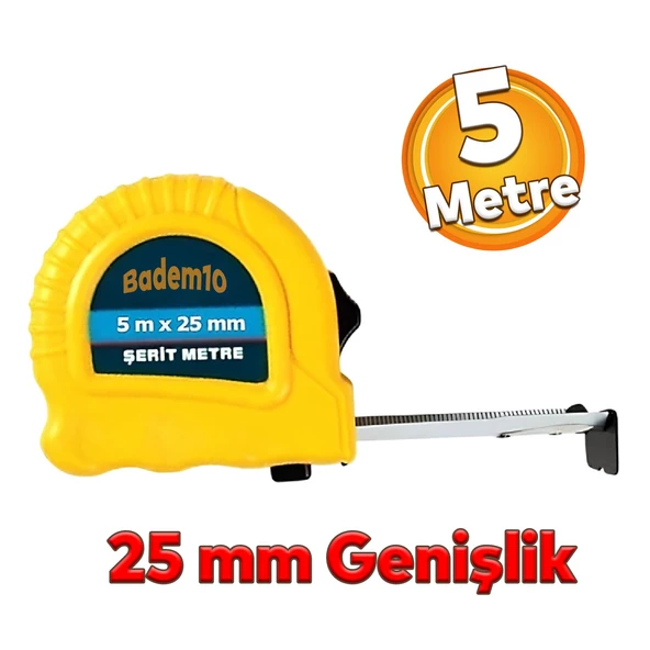 Şerit Metal Bükülebilir Metre 5 metre En 25 mm Düğmeli Ölçüm Ölçme Plastik Kasalı Yüksek Kalite ürün görseli 1
