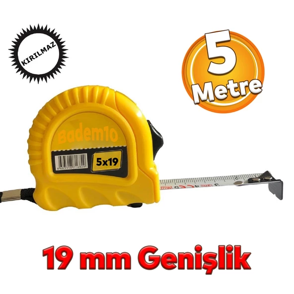 Şerit Metal Bükülebilir Metre 5 metre En 19 mm Düğmeli Ölçüm Ölçme Plastik Kasalı Yüksek Kalite ürün görseli 1
