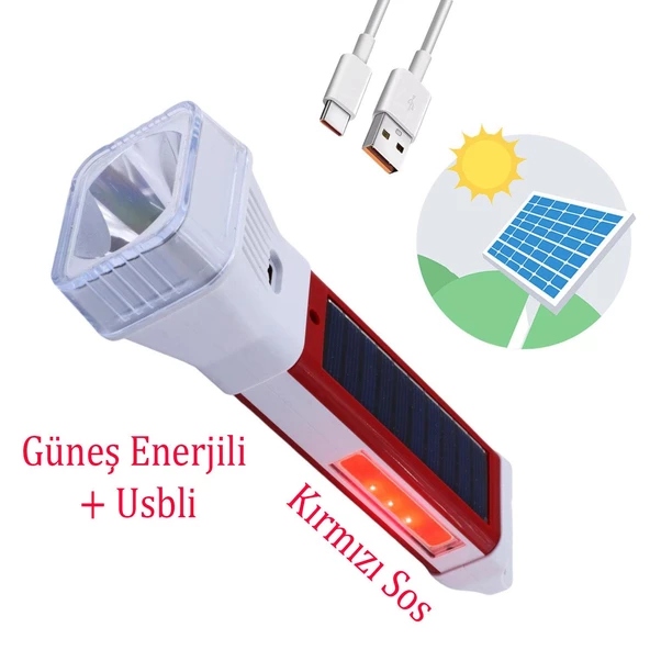 Güneş Enerjili Şarjlı Solar 5 Işık Modu Led El Feneri Usb Şarj Kamp Avcı Lambası Gece Lamba ürün görseli 1