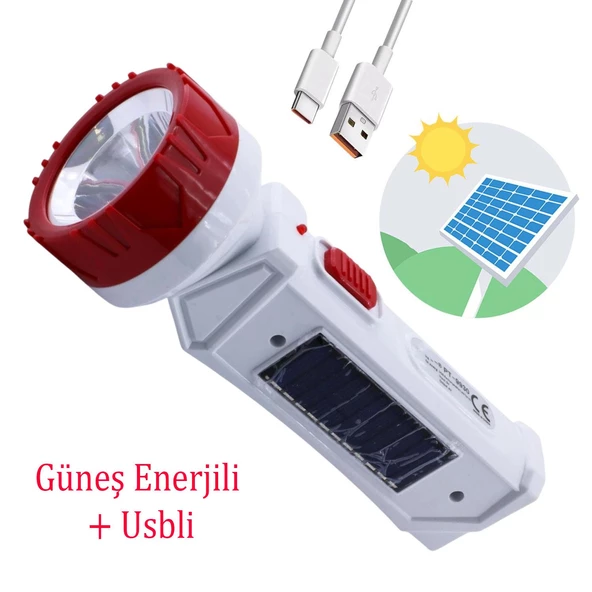 Güneş Enerjili Şarjlı Solar 2 Ledli El Feneri Usb Şarj Kamp Avcı Lambası Gece Lamba ürün görseli 1