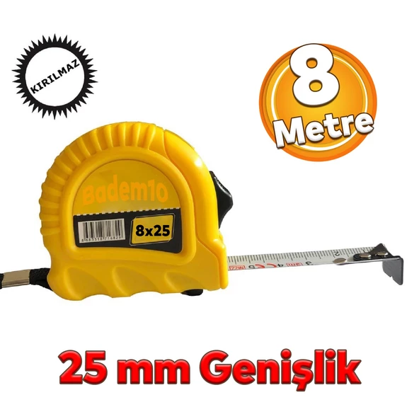 Şerit Metal Bükülebilir Metre 8 metre En 25 mm Düğmeli Ölçüm Ölçme Plastik Kasalı Yüksek Kalite ürün görseli 1
