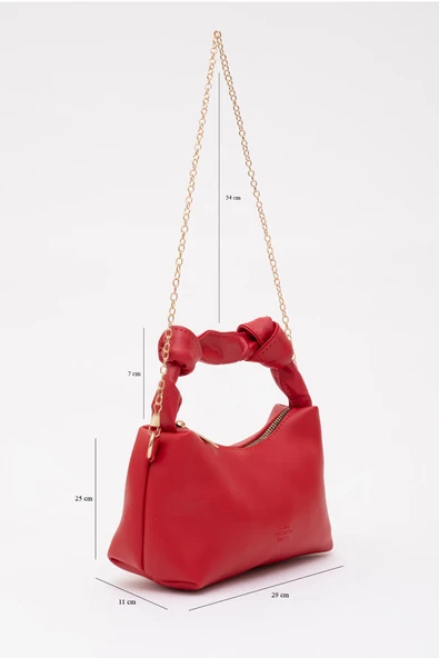 Kırmızı Shk24 Soft Deri Düğüm Detaylı Zincir Askılı El Ve Omuz Çantası U:14 E:22 G:8 Cm ürün görseli 1