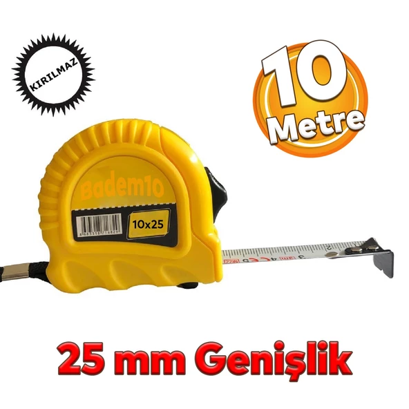 Şerit Metal Bükülebilir Metre 10 metre En 25 mm Düğmeli Ölçüm Ölçme Plastik Kasalı Yüksek Kalite ürün görseli 1