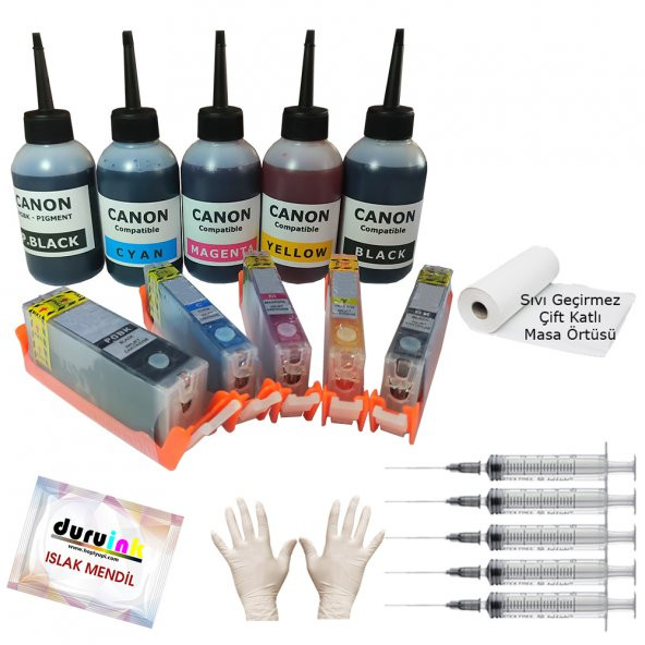 CANON MG6150 MG6220 MG6250 UYUMLU KOLAY DOLAN KARTUŞ+5x100ml MÜREKKEP 5 RENK (DOLU) ürün görseli 1