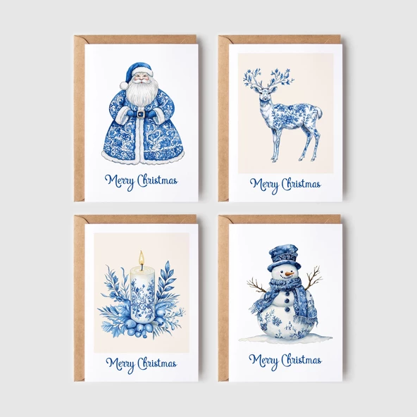 Mavi Desen Yeniyıl Kartları 8’li Set, Lüks Noel Kartları, Mutlu Yıllar Kartı, Tebrik Kartları ürün görseli 1