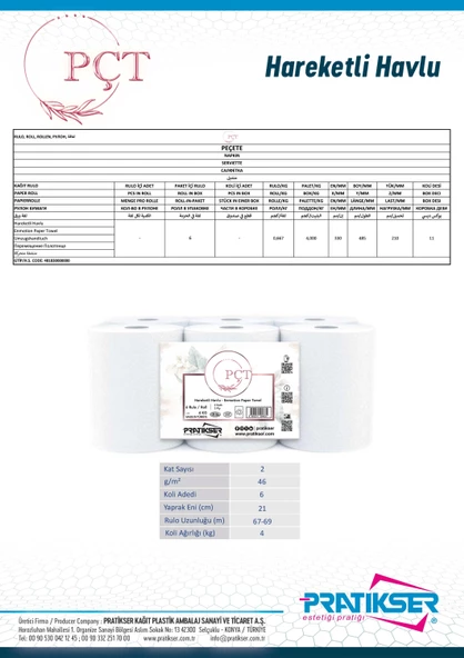 PÇT - Hareketli Havlu - 2Ply - 4 Kg/6 Rulo - Resim 2