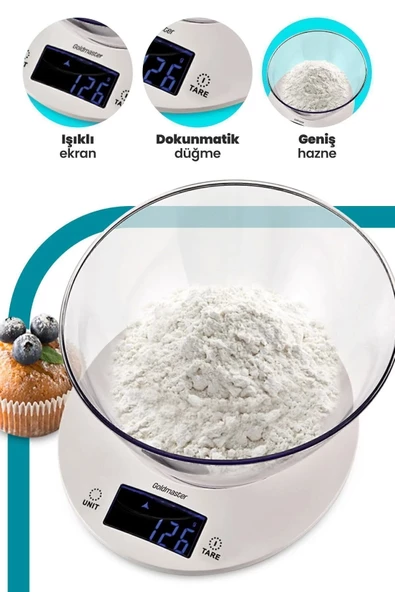 GoldMaster Menekşe Geniş Led Ekranlı Dokunmatik Dijital Hassas 1gr-5kg Mutfak Tartısı Terazisi ürün görseli 1