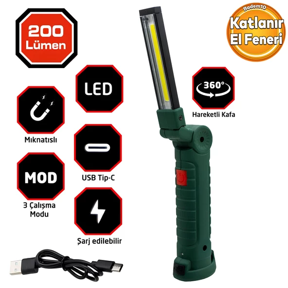 El Feneri Led Katlanır USB Şarjlı Taşınabilir Kamp Lambası Beyaz Işık Mıknatıslı 200 Lümen ürün görseli 1