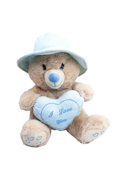 Sevimli Şapkalı Kalpli Peluş Ayıcık 43 CM - Uyku Ve Oyun Arkadaşı Peluş Oyuncak MAVİ ürün görseli 1