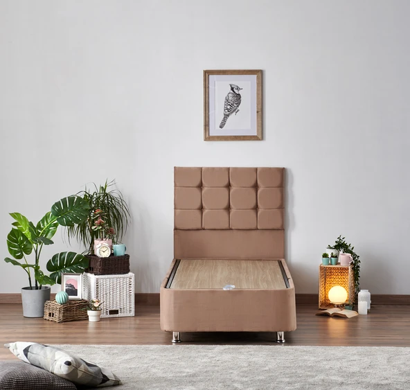 Niron Latte 90x200 cm Tek Kişilik Yatak Baza Başlık Seti - Sert Yatak, Kumaş Baza ve Başlık Takımı - Resim 5