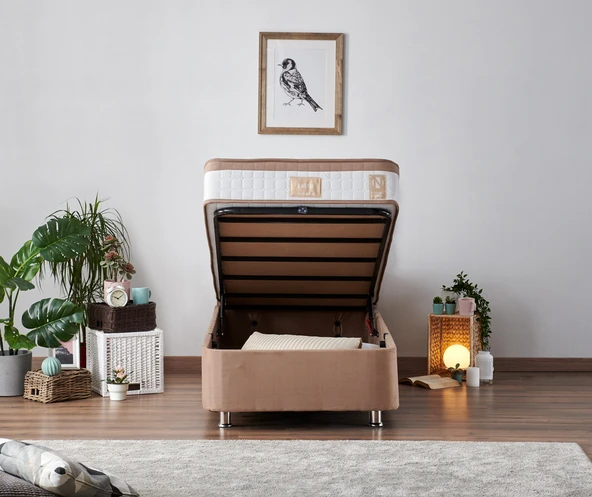 Niron Latte 90x200 cm Tek Kişilik Yatak Baza Başlık Seti - Sert Yatak, Kumaş Baza ve Başlık Takımı - Resim 9