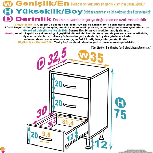 Modilayn SÖKE 3'lü Çekmece Banyo Dolabı 35x75x32,5 cm’ lik Çok Yönlü Çekmecelerle Daha Düzenli ürün görseli 1