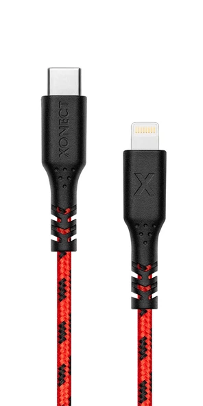 XONECT Type-C to Lightning uyumlu iPhone Modelleri için Hızlı Şarj ve Data Kablosu 200cm Örgülü Kırmızı ürün görseli 1