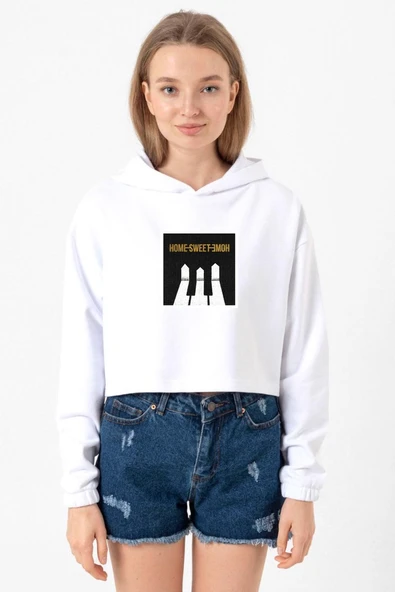 G-Dragon Home Sweet Home Beyaz Optik Kadın Crop Kapşonlu ürün görseli 1
