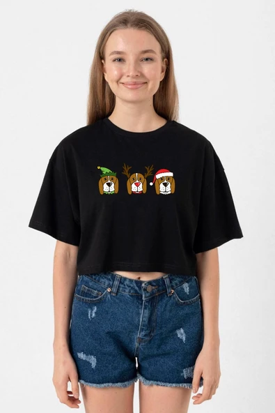 3 Wise Beagles Christmas Siyah Kadın Crop Tshirt ürün görseli 1