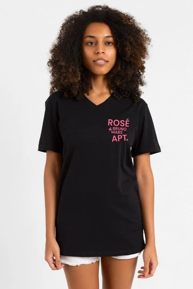 BLACKPINK ROSE BRUNO MARS APT Siyah Kadın V yaka Tshirt ürün görseli 1