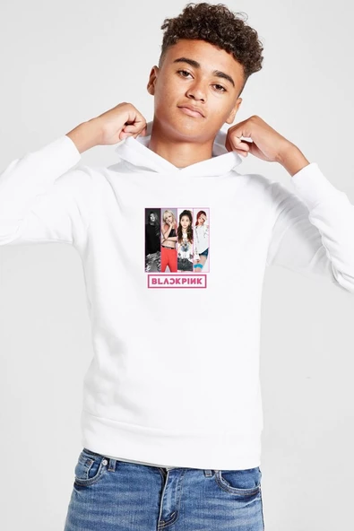 Black Pink Band Beyaz Çocuk 3ip Kapşonlu  Sweatshirt ürün görseli 1