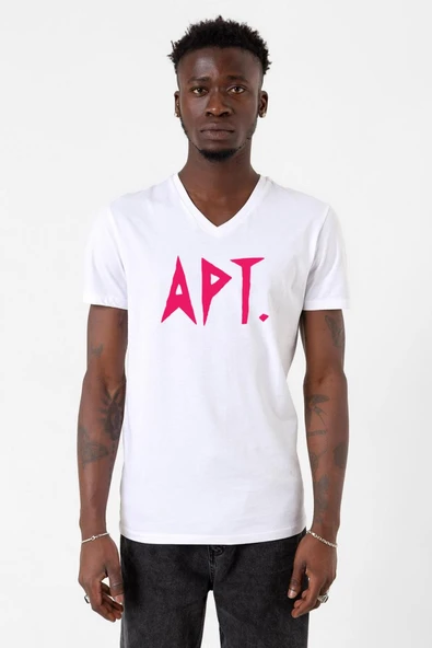Blackpink Apt Beyaz Erkek V yaka Tshirt ürün görseli 1