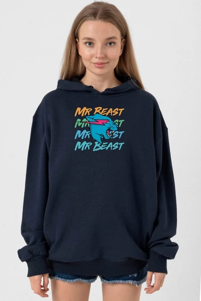Mr Beast Lettern Lacivert Kadın 3ip Kapşonlu ürün görseli 1